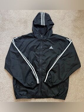 Adidas Windbreaker Track Jacket w/ Hood XL Lightweight Full Zip Pockets Black